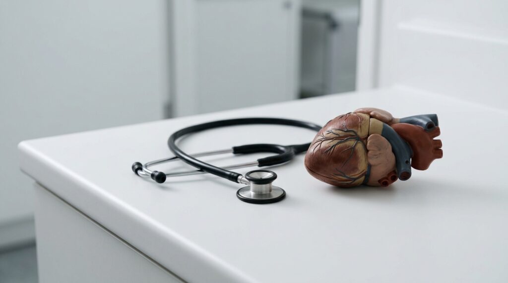 Temiz beyaz klinik yüzeyde nötr anatomik kalp modeli yanında duran stetoskop; panik atağı ile kalp sorununu ayırt etmeyi simgeleyen klinik natürmort